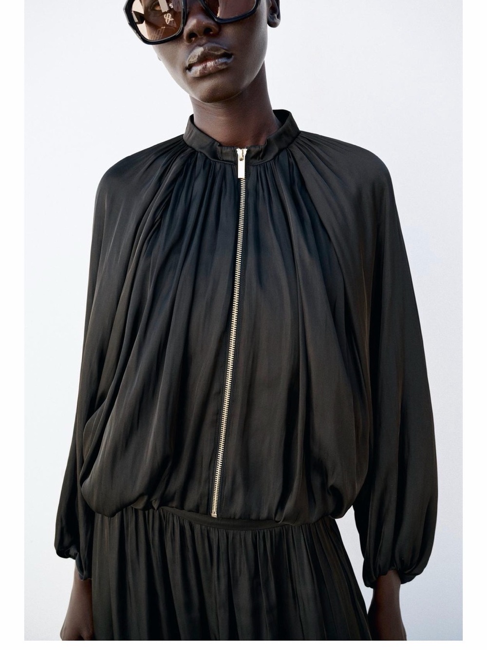 NWT- Zara Black Zip-Front Pleated bomber jacket